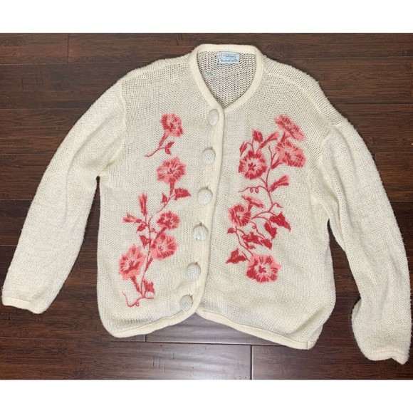 VTG 50s Carol Brent Cardigan Sweater Hand Painted Floral Granny Cottage Core L - Picture 7 of 16